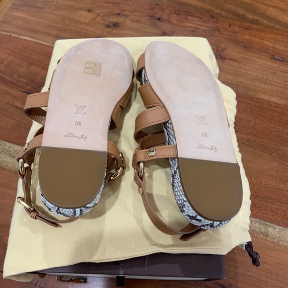 Louis Vuitton Python Sandals tan brown 36 6 snakeskin leather LV gold logo strap - Picture 14 of 16